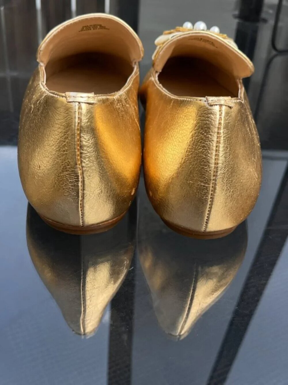 Boden Gold Metallic Embellished Pointed Toe Loafers Crystal Pearl Flats 39 8 - Picture 4 of 9